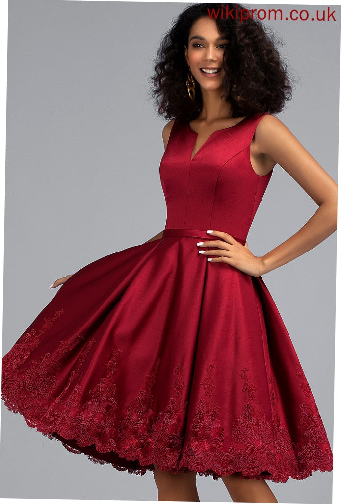 Homecoming Homecoming Dresses V-neck Dress A-Line Appliques Satin Knee-Length With Lace Skyla