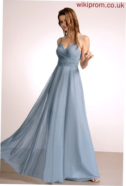 Straps&Sleeves Neckline Silhouette Floor-Length Tulle Fabric A-Line Lace V-neck Length Kaitlyn Bridesmaid Dresses