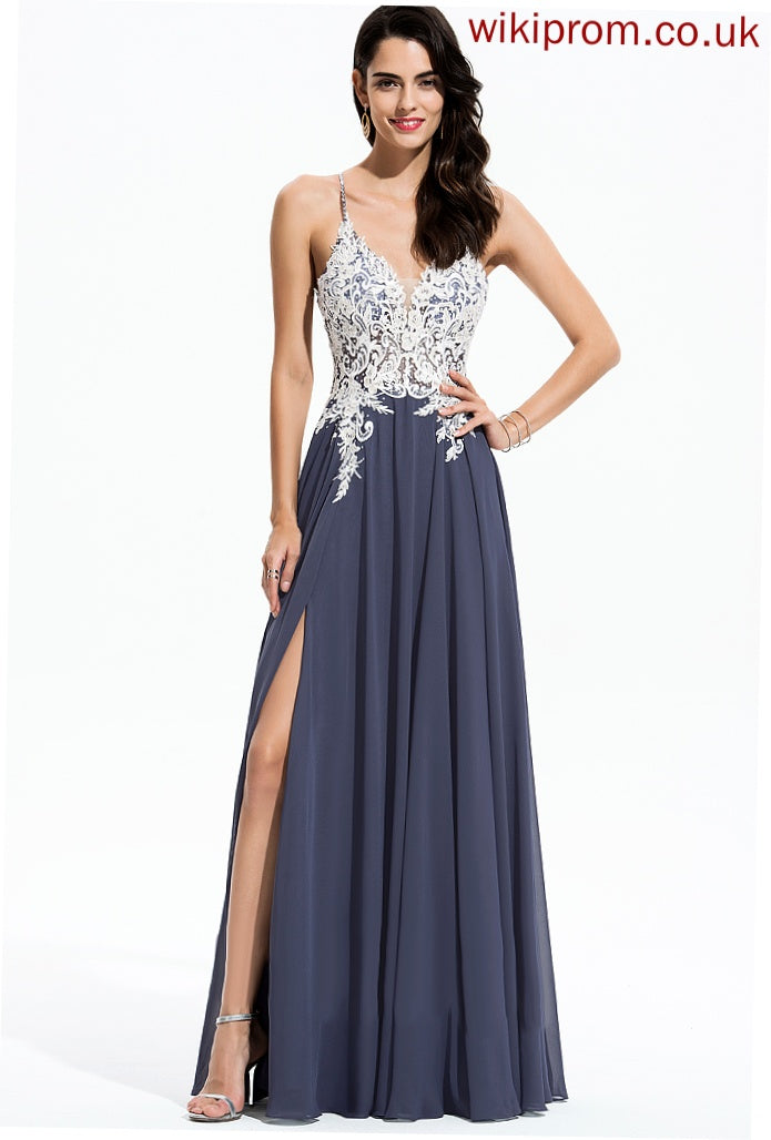 With Aliza Sequins Floor-Length Beading A-Line Chiffon Prom Dresses V-neck