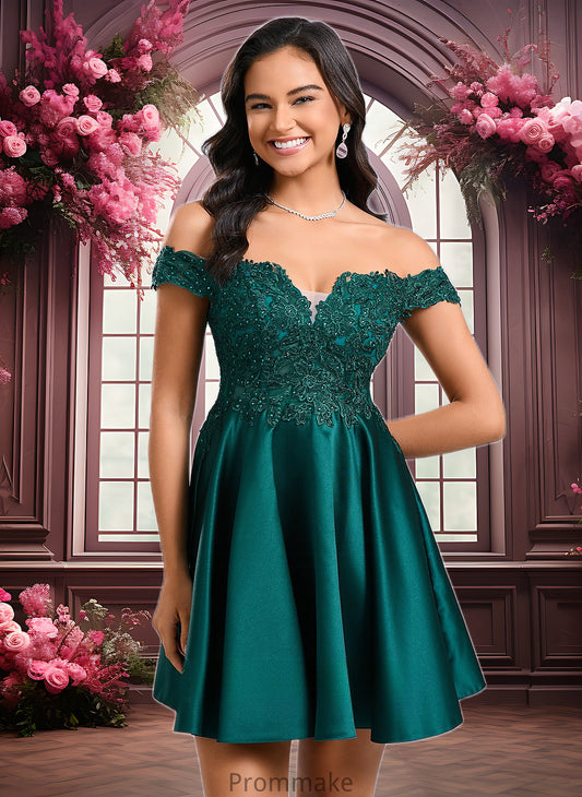 Dylan A-line Off the Shoulder Short Lace Satin Homecoming Dress With Rhinestone DUP0025718