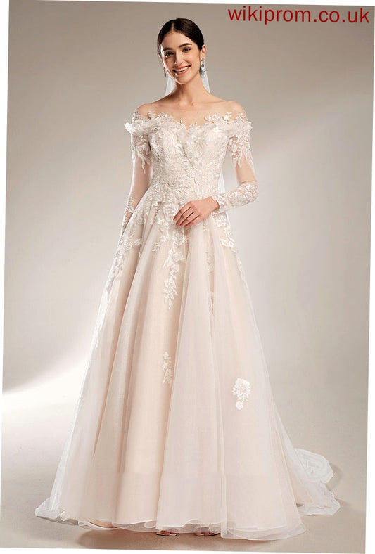 Ball-Gown/Princess Off-the-Shoulder Sage With Court Tulle Dress Lace Wedding Dresses Train Wedding Sequins