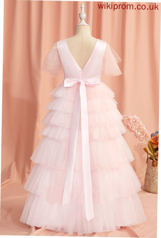 Girl Ruffles/V Tulle - Short Neck Flower Scoop Dress Ball-Gown/Princess Alyvia With Sleeves Back Flower Girl Dresses Floor-length