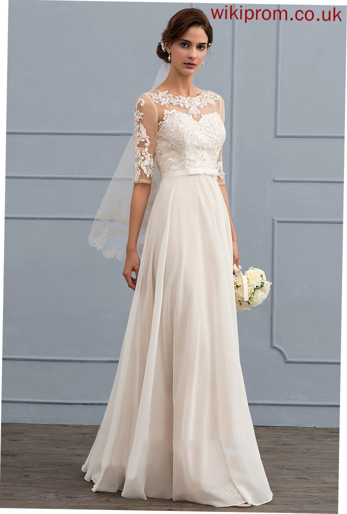 Bow(s) Dress Beading Litzy Lace With A-Line Chiffon Wedding Dresses Illusion Wedding Floor-Length Sequins