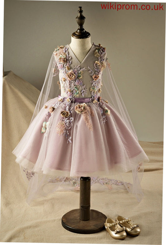 Flower With Dress Girl A-Line Knee-length Annabella V-neck Organza/Tulle Sleeveless - Beading/Flower(s)/Sequins Flower Girl Dresses