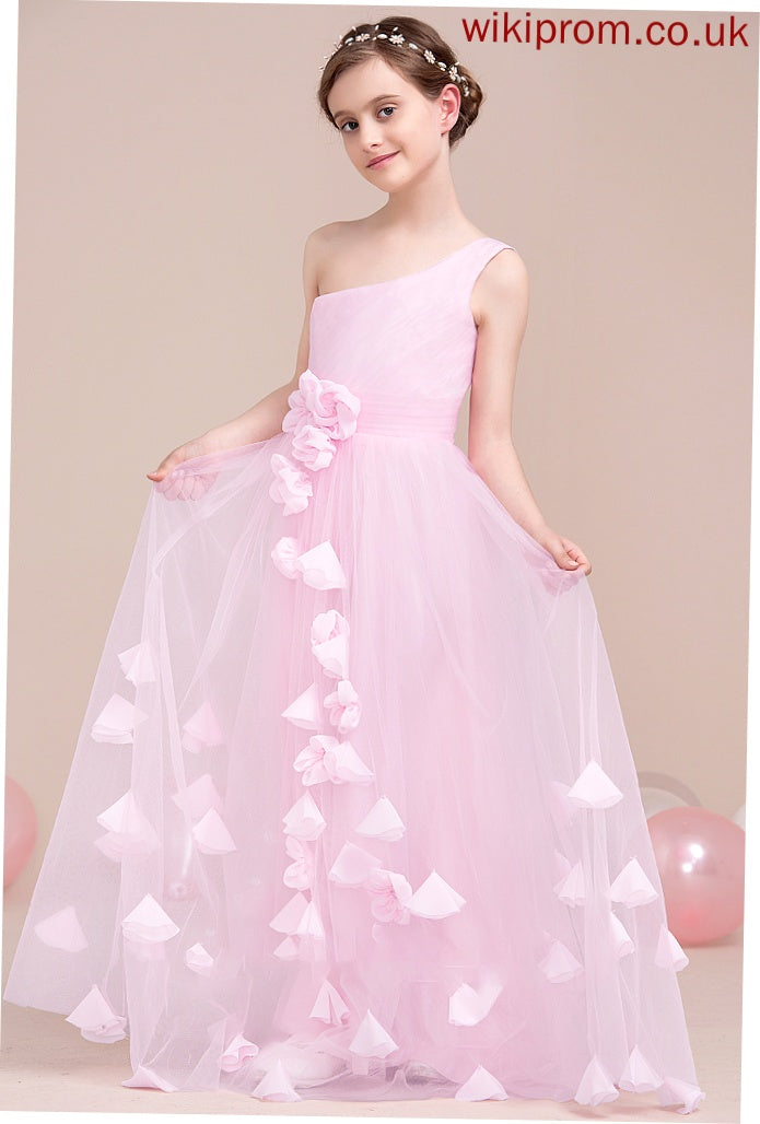 Tulle One-Shoulder Floor-Length A-Line Junior Bridesmaid Dresses With Ruffle Athena Flower(s)