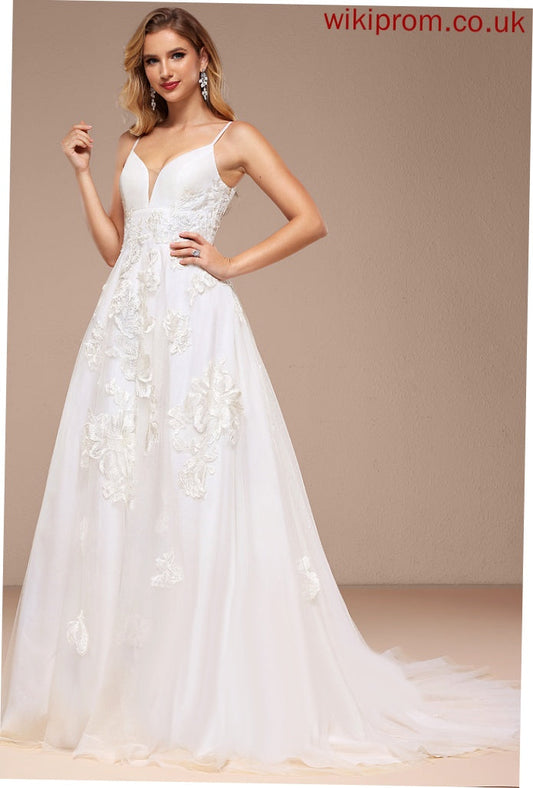 Court Tulle Ball-Gown/Princess Dress Train Lace Alma Wedding V-neck With Wedding Dresses Sequins