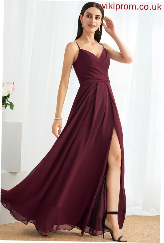 Silhouette A-Line Length Ruffle SplitFront Floor-Length Fabric Embellishment Neckline V-neck Winifred Natural Waist Bridesmaid Dresses