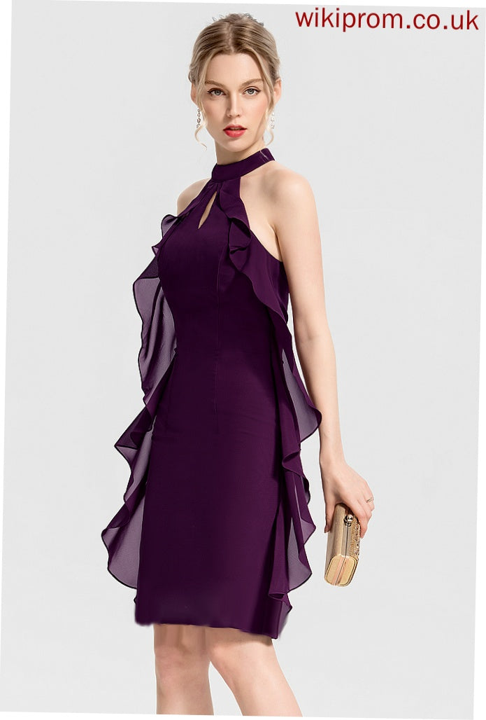 Sabrina With Neck Chiffon Knee-Length Dress Ruffles Cocktail Cascading Sheath/Column Scoop Cocktail Dresses