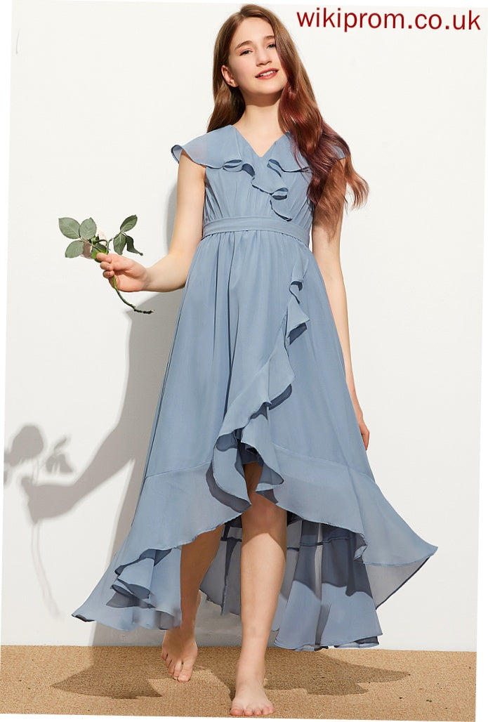 Chiffon Bow(s) Ruffles Cascading V-neck With A-Line Vivien Junior Bridesmaid Dresses Asymmetrical