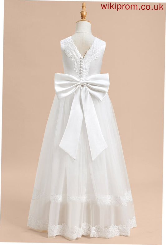 '- Ball-Gown/Princess Flower Girl Dresses With Floor-length Lace/Bow(s) Sleeveless Lillie Tulle Flower V-neck Girl Dress