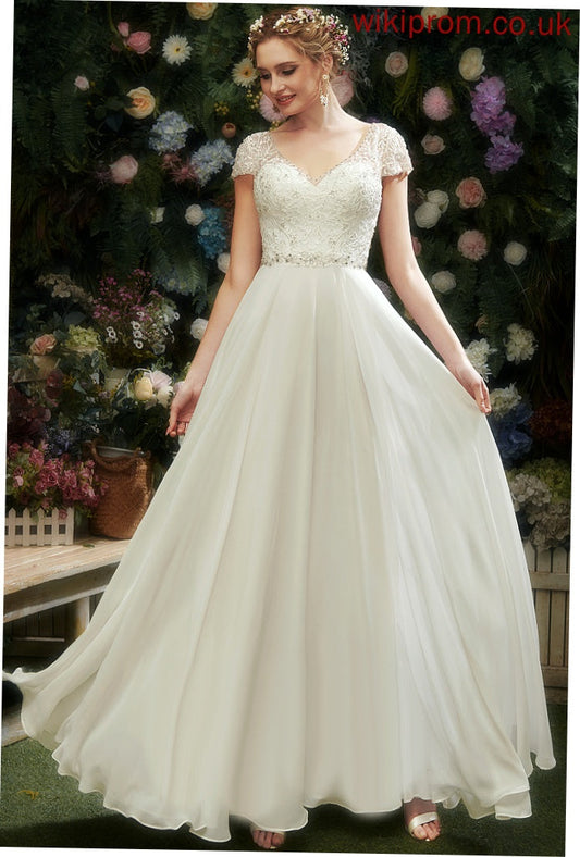 Sequins Floor-Length Chiffon V-neck Dress Beading Wedding Lace Dulce With A-Line Wedding Dresses