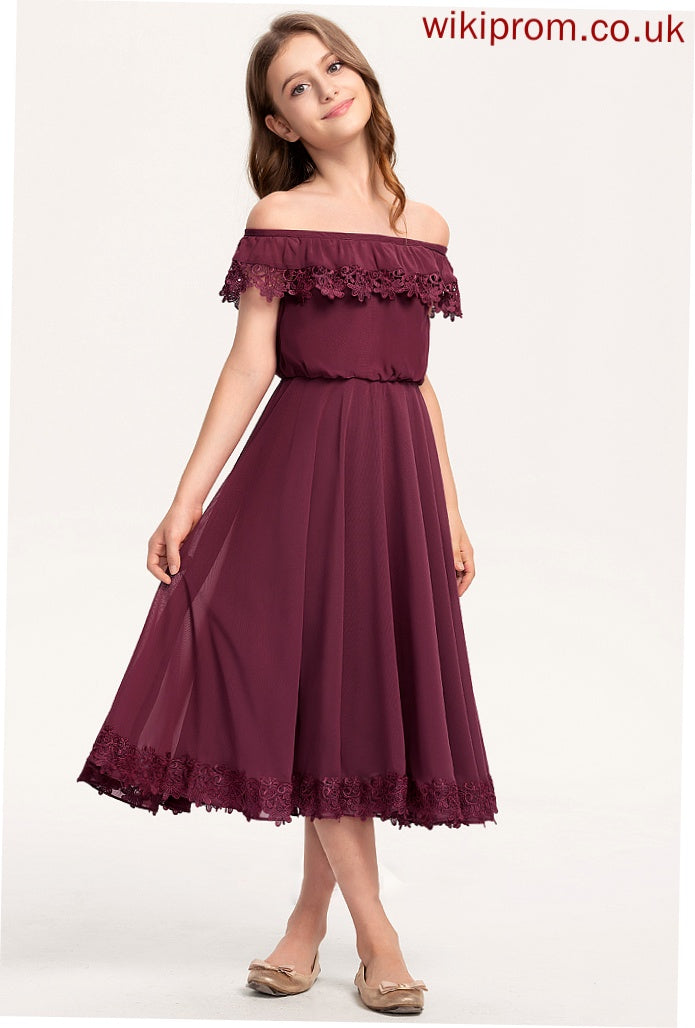 Tea-Length Off-the-Shoulder Junior Bridesmaid Dresses A-Line Lace Chiffon Ellen