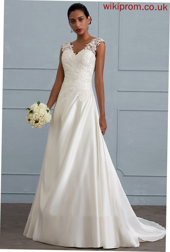 Beading Ruffle Kenzie Train V-neck Sequins Satin With Sweep Ball-Gown/Princess Wedding Dresses Dress Wedding Lace