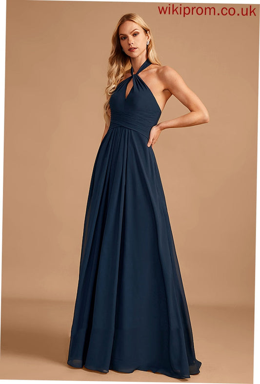 A-Line Silhouette Embellishment Ruffle Halter Neckline Floor-Length Length Fabric Leila Sleeveless Natural Waist Bridesmaid Dresses