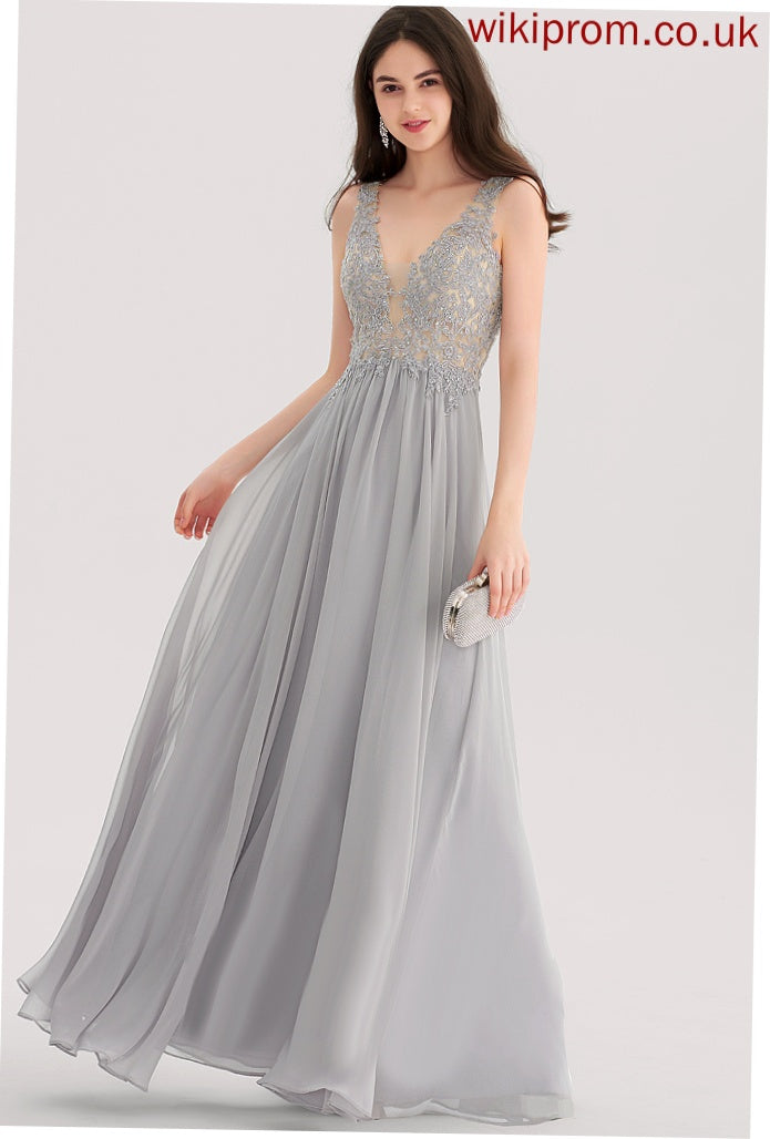 A-Line Rhinestone Abbey V-neck With Lace Chiffon Floor-Length Prom Dresses