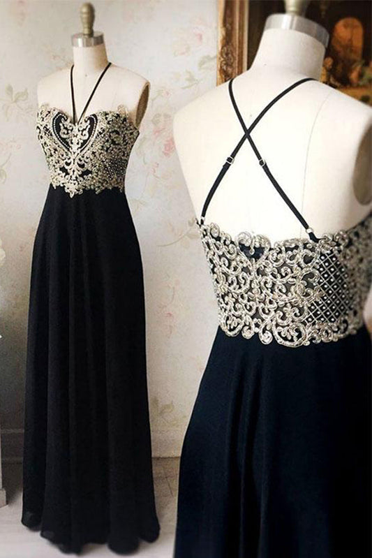 Black A Line Floor Length Halter Sleeveless Beading Chiffon Prom Dresses