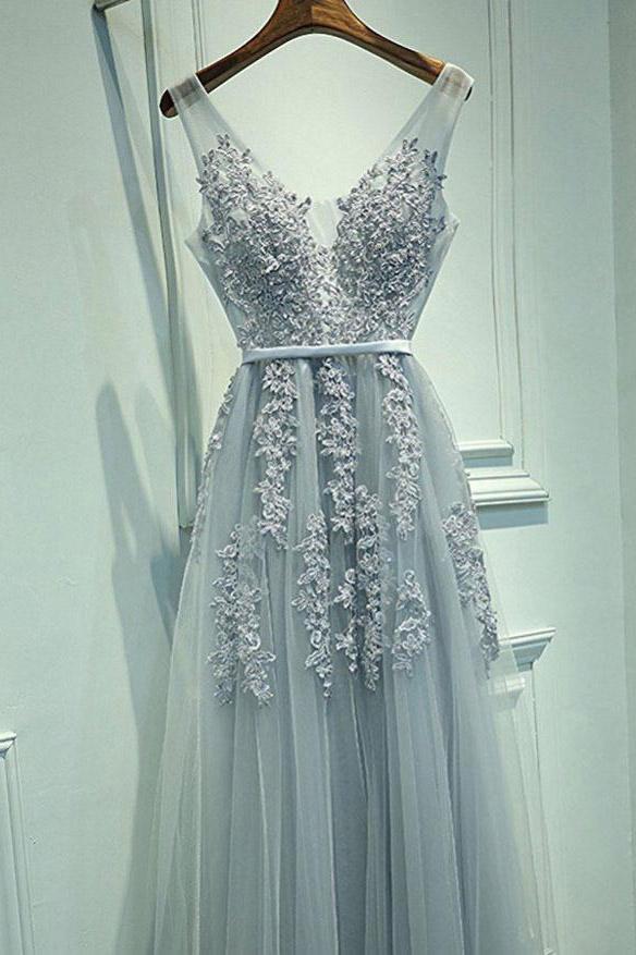 A-Line Grey Tulle with Lace Appliqued V-Neck Long Sleeveless Floor-Length Prom Dresses WK385