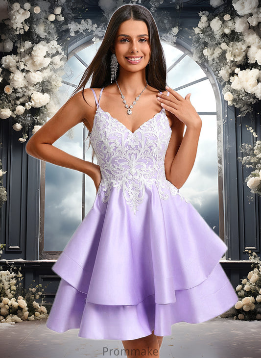 Akira A-line V-Neck Short Satin Homecoming Dress With Appliques Lace DUP0025696