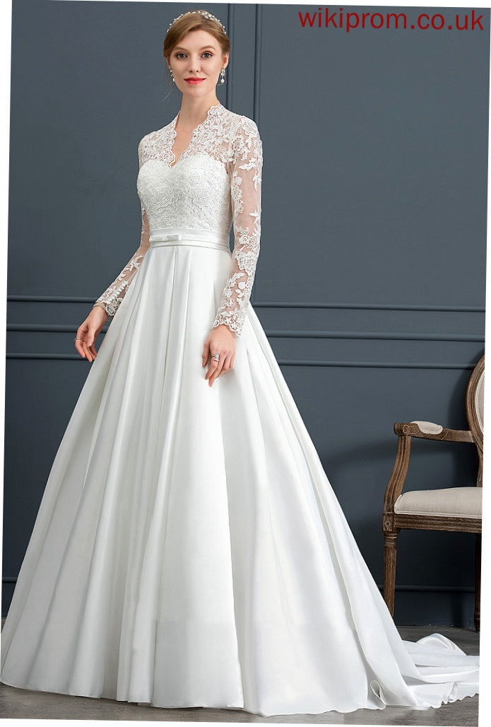 Wedding Dresses Lace Bow(s) Courtney Court Ball-Gown/Princess V-neck With Wedding Train Satin Dress