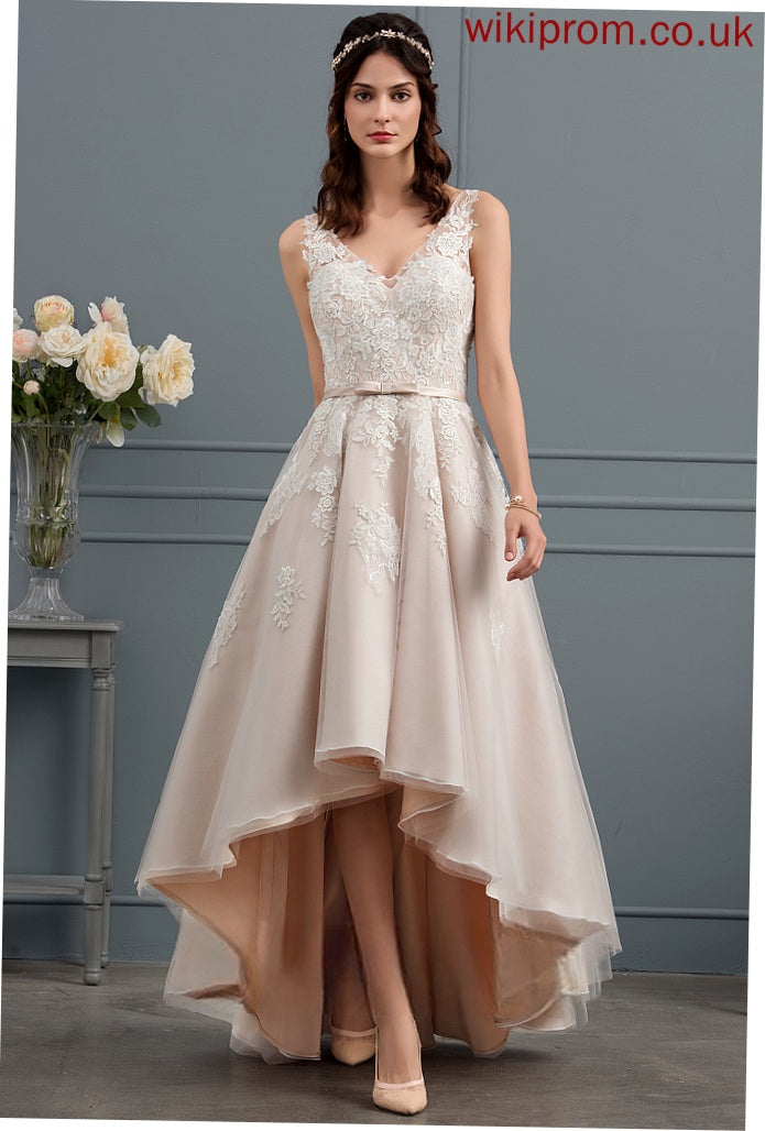 Satin Cassie Wedding A-Line Dress With Tulle Wedding Dresses Asymmetrical V-neck Lace Bow(s)