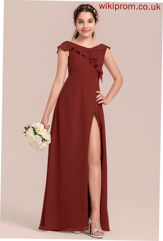 Chiffon V-neck Floor-Length Split Ruffles A-Line Cascading With Madeleine Junior Bridesmaid Dresses Front