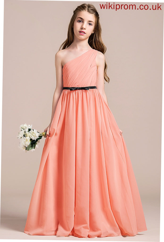 Junior Bridesmaid Dresses With Floor-Length A-Line Chiffon Morgan Ruffle One-Shoulder Bow(s)