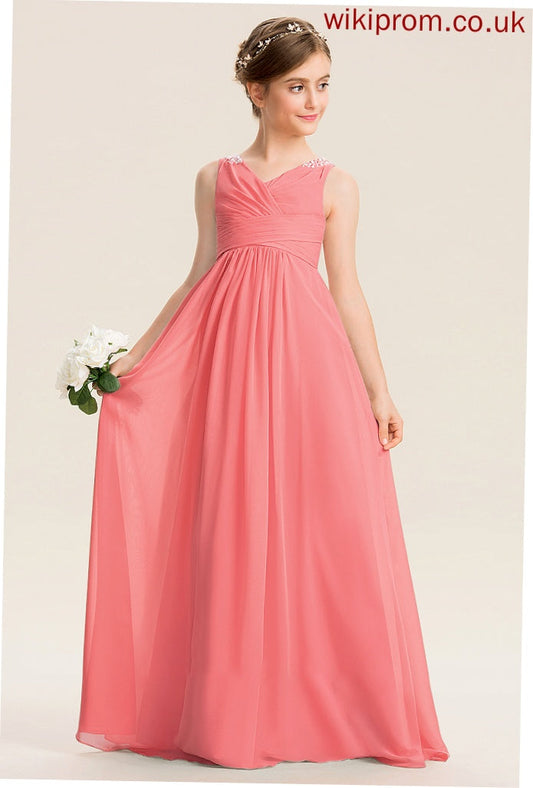 Jaylene EmpireV-neckFloor-LengthChiffonJuniorBridesmaidDressWithRuffleBeadingSequins#173291 Junior Bridesmaid Dresses