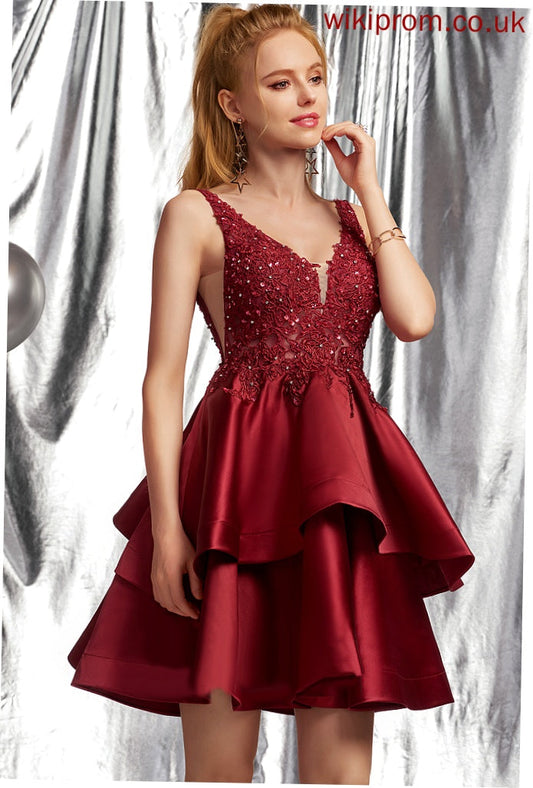 Beading Lace With Homecoming Satin Tina V-neck Homecoming Dresses Short/Mini Sequins Dress A-Line