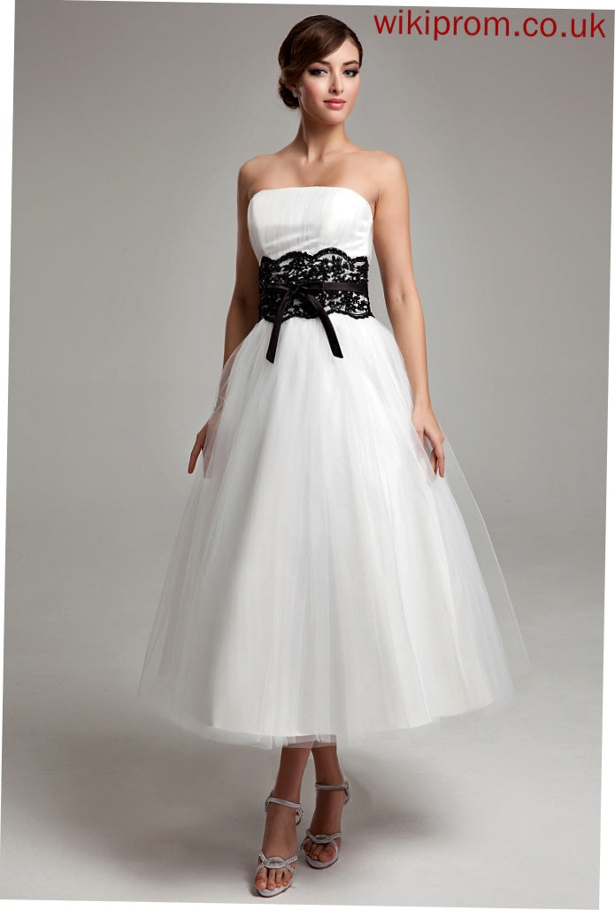 Beading Ball-Gown/Princess Strapless With Tea-Length Tulle Wedding Bow(s) Satin Piper Sash Dress Lace Wedding Dresses