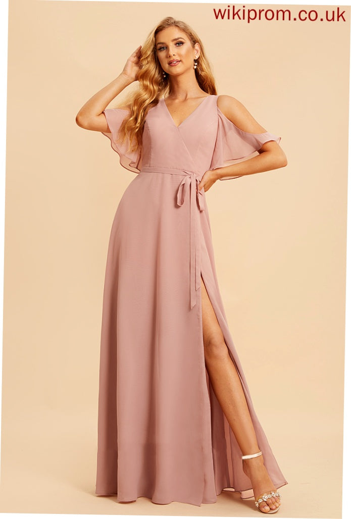 Silhouette SplitFront Floor-Length Neckline A-Line V-neck Embellishment Length Fabric Abbigail Spandex Natural Waist Bridesmaid Dresses