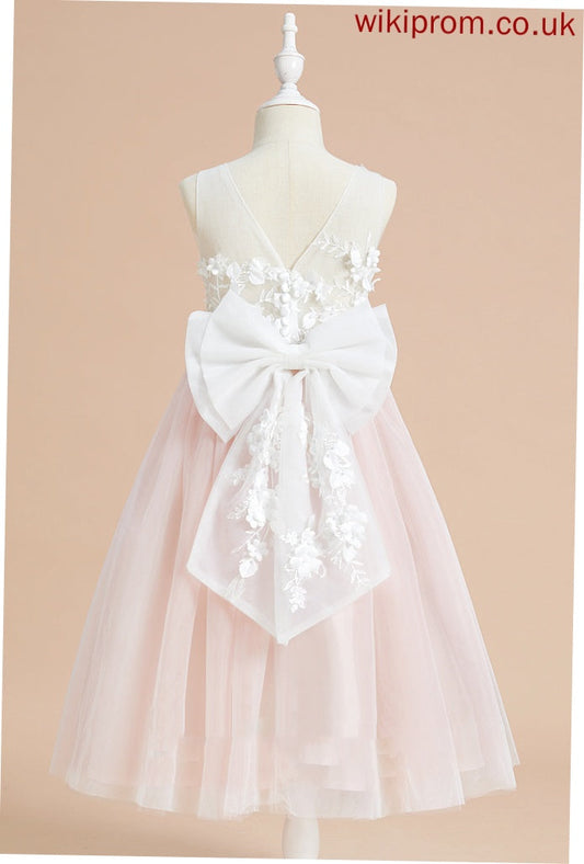 Lace/Flower(s)/Bow(s) Sleeveless Tulle A-Line Flower Girl Dresses Girl Flower With Tea-length Elianna - Dress Neck Scoop