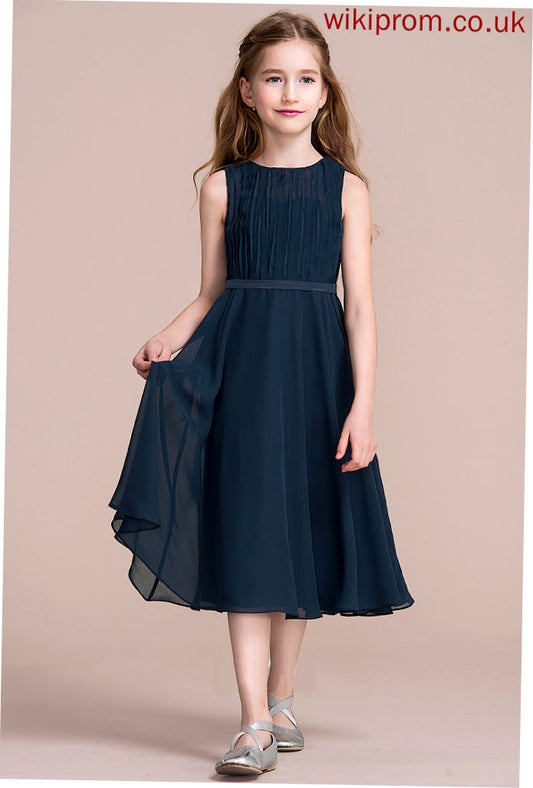 Ruffle A-Line Junior Bridesmaid Dresses Scoop Tiana Neck Chiffon With Tea-Length