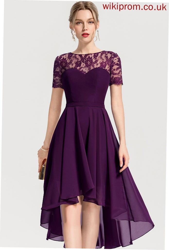 Lace Chiffon With Neck Lace Cocktail Dresses Asymmetrical Cocktail Scoop Dress A-Line Maud