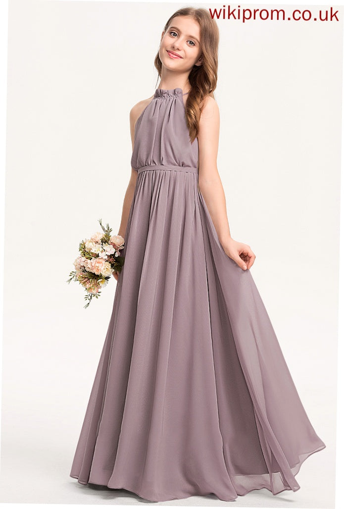 A-Line Cascading Junior Bridesmaid Dresses Bow(s) Floor-Length Ruffles Neck Mya With Chiffon High