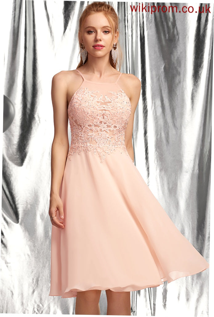 Ainsley Scoop Homecoming Dresses Homecoming Dress Knee-Length Lace A-Line With Chiffon Neck Beading