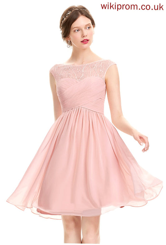 Knee-Length Tulle Chiffon Scoop Prom Dresses Beading Jaden A-Line With Ruffle