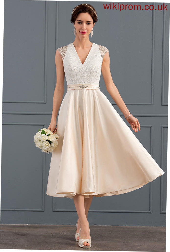 Satin Wedding Lace A-Line Jewel Wedding Dresses V-neck Tea-Length With Sequins Beading Dress