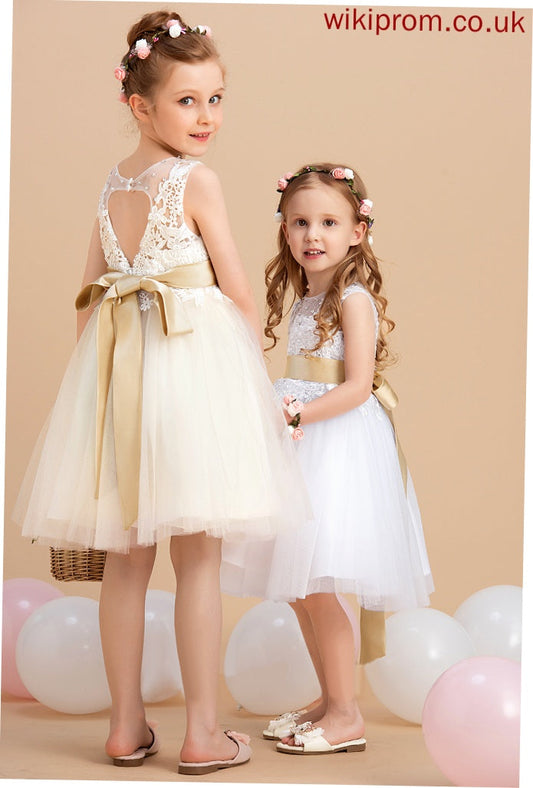 '- A-Line Flower Girl Dresses Girl Sash/Beading/Back Neck Eve With Scoop Dress (Detachable sash) Hole Tulle/Lace Flower Sleeveless Knee-length