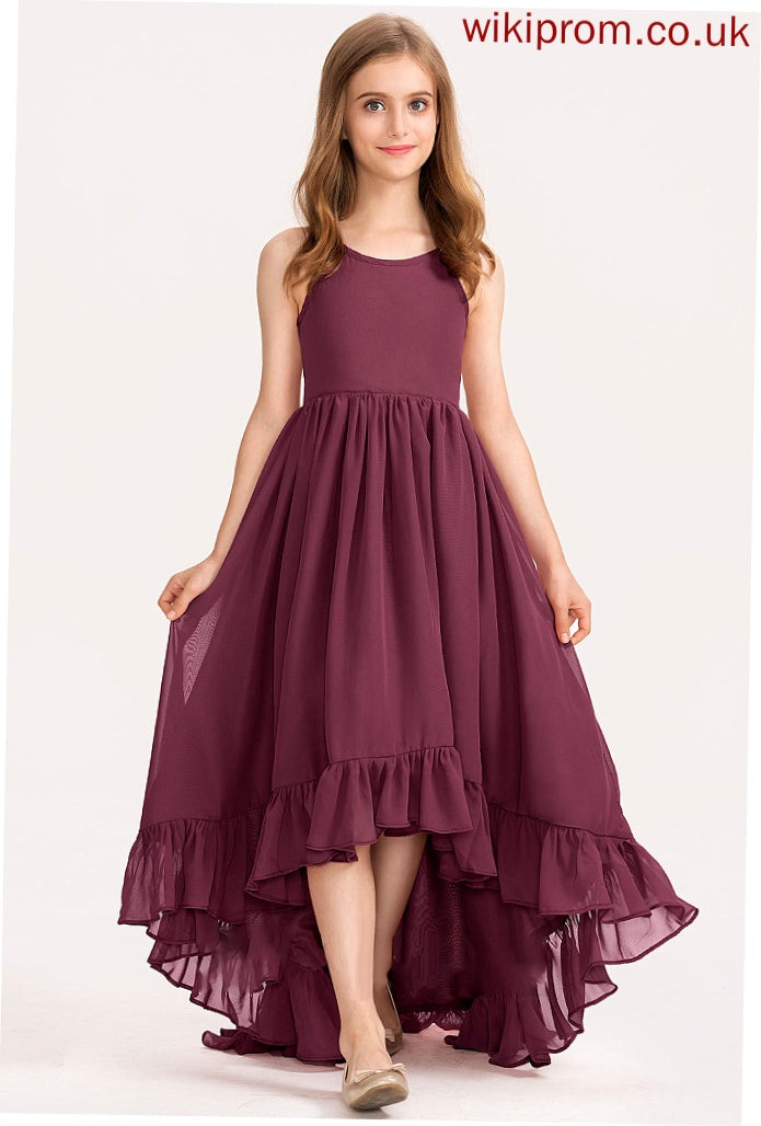 Bow(s) Cascading Scoop Chiffon With Muriel A-Line Asymmetrical Junior Bridesmaid Dresses Neck Ruffles