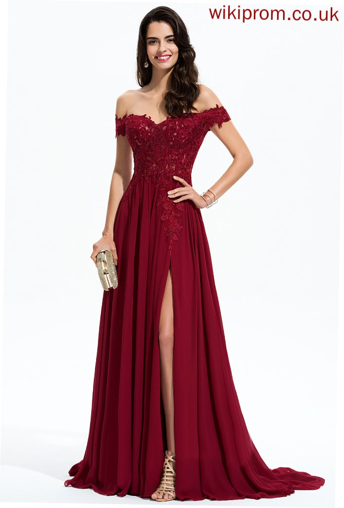 Sweep Off-the-Shoulder Train Sequins Prom Dresses Chiffon With Henrietta A-Line