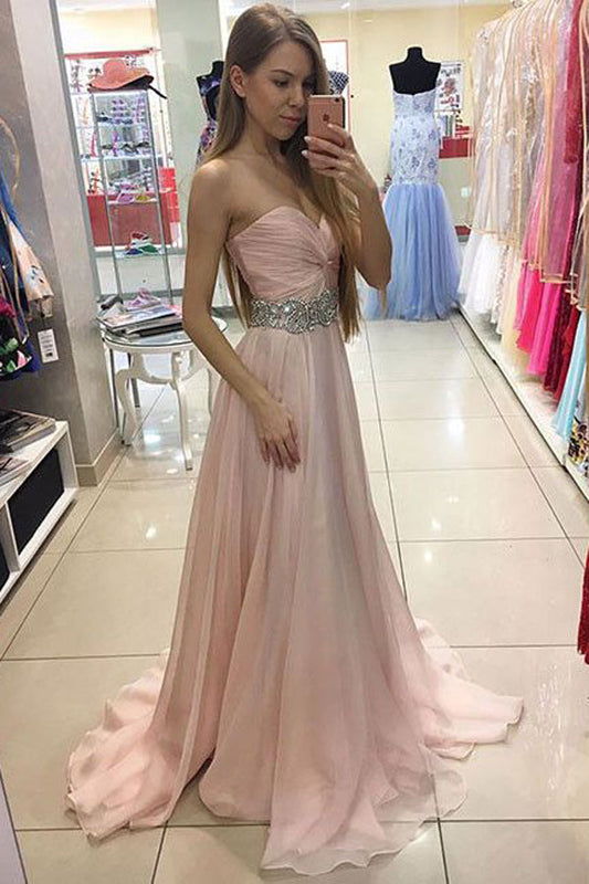 Pink A Line Brush Train Sweetheart Strapless Sleeveless Chiffon Prom Dresses