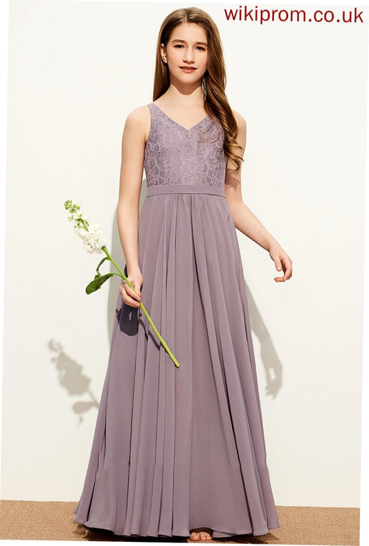 A-Line Angie V-neck Floor-Length Lace Junior Bridesmaid Dresses Chiffon