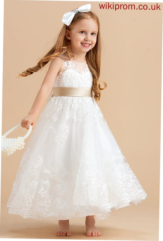 Neck Sleeveless Dress Ankle-length Flower Flower Girl Dresses Satin/Tulle/Lace Azul With A-Line/Princess Girl - Scoop Sash/Bow(s)