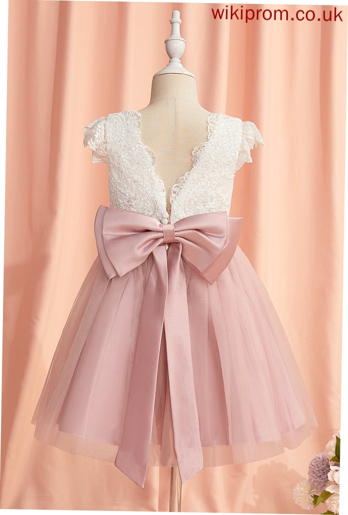 Short Flower Girl Dresses Knee-length Neck Lace/Bow(s) Tulle Flower A-Line - Mareli With Scoop Sleeves Girl Dress