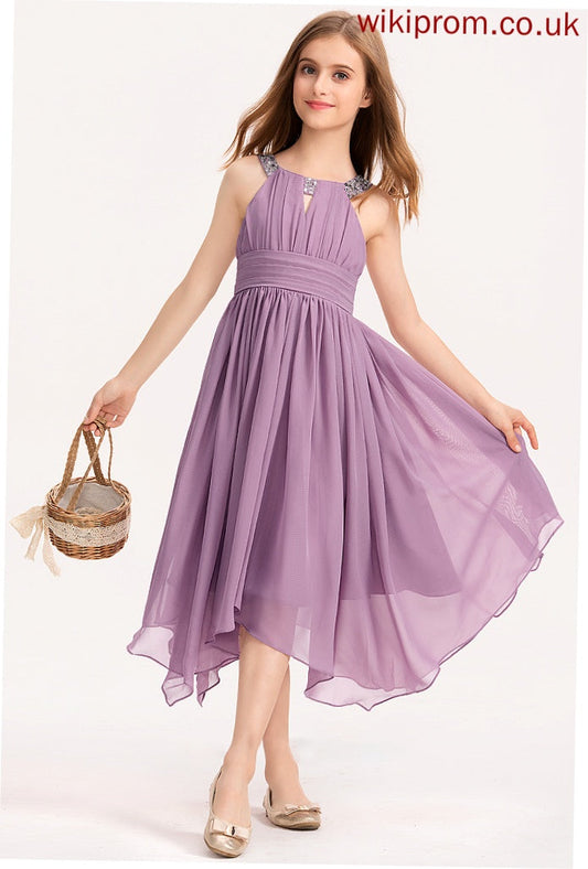 Ruffle Danika Tea-Length Beading With Neck A-Line Junior Bridesmaid Dresses Bow(s) Chiffon Scoop