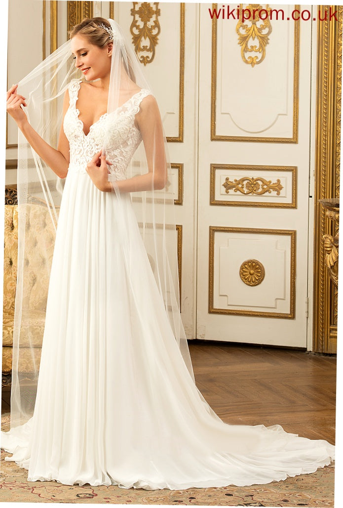 A-Line Emelia Chiffon Dress Court Wedding Dresses Train Wedding Lace V-neck