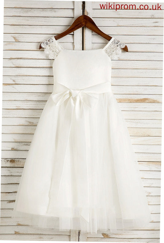 Square - Kelsey Flower Dress Tea-length Girl A-Line Flower Girl Dresses Sleeveless Lace/Sash Neckline With Satin/Tulle