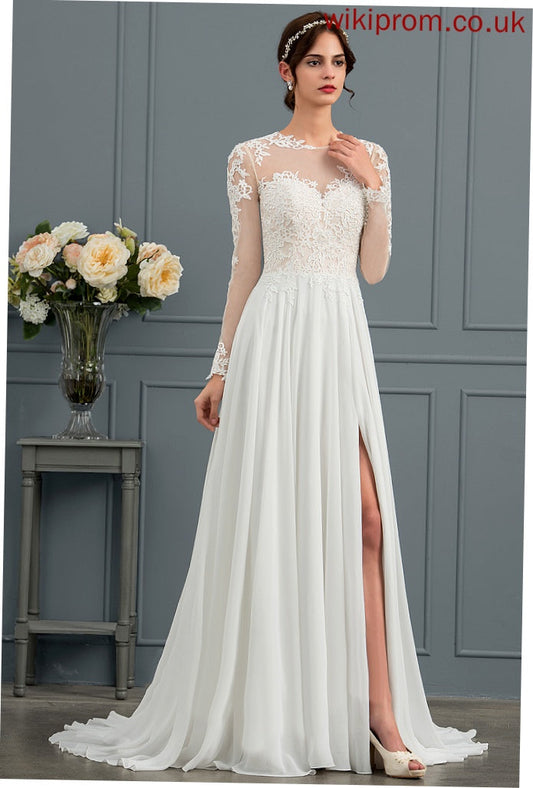 Chiffon Illusion Dress Sweep Tulle A-Line Wedding Lace With Train Wedding Dresses Front Split Kendra Appliques