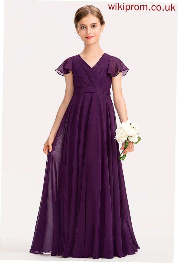 Bow(s) A-Line With Cascading Ruffles Floor-Length Junior Bridesmaid Dresses V-neck Chiffon Lizeth