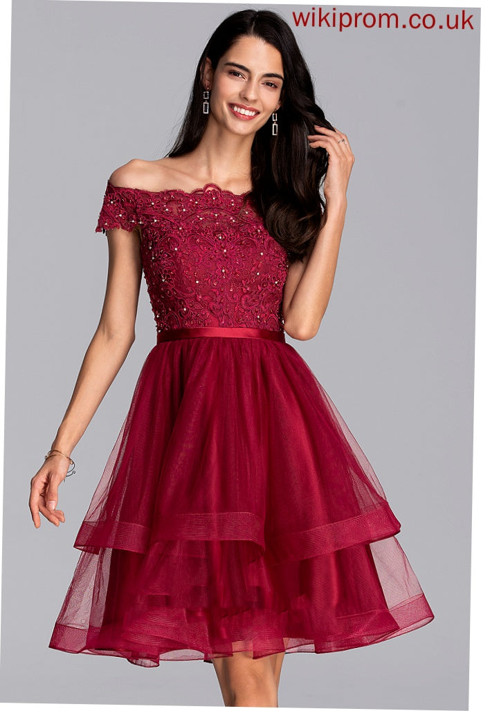 Dress Knee-Length A-Line Homecoming Dresses Lace Kristina Sequins With Tulle Beading Off-the-Shoulder Homecoming